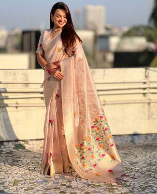 Pink with multicolor accents  woven zari floral motifs work paithani style saree  with blouse piece 3
