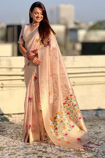 Pink with multicolor accents  woven zari floral motifs work paithani style saree  with blouse piece