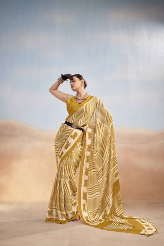 Mustard yellow contemporary printed satin silk saree with blouse piece