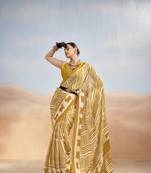 Mustard yellow contemporary printed satin silk saree with blouse piece