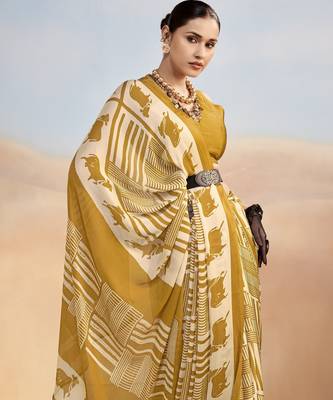Mustard yellow contemporary printed satin silk saree with blouse piece 2