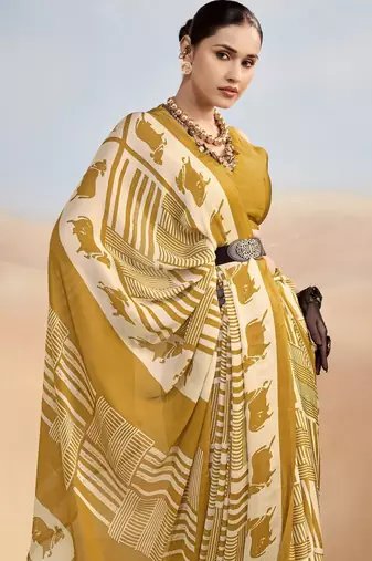 Mustard yellow contemporary printed satin silk saree with blouse piece