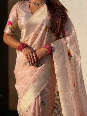 Pink with multicolor accents  woven zari floral motifs work paithani style saree  with blouse piece 5