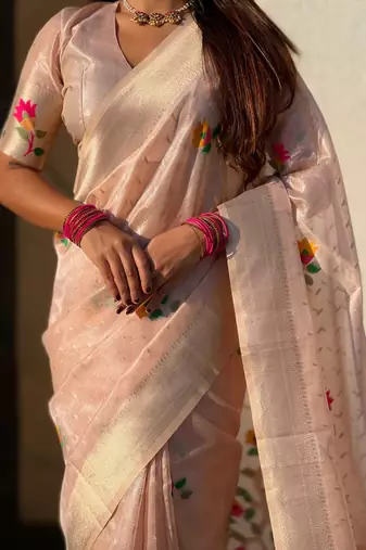 Pink with multicolor accents  woven zari floral motifs work paithani style saree  with blouse piece