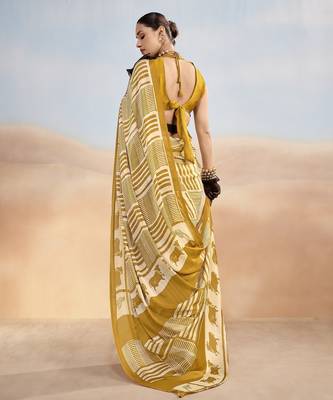 Mustard yellow contemporary printed satin silk saree with blouse piece 3