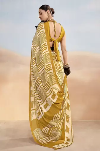 Mustard yellow contemporary printed satin silk saree with blouse piece