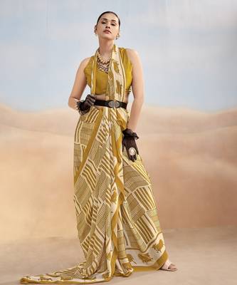 Mustard yellow contemporary printed satin silk saree with blouse piece 4