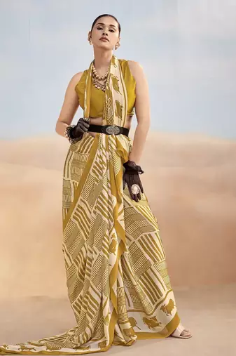 Mustard yellow contemporary printed satin silk saree with blouse piece
