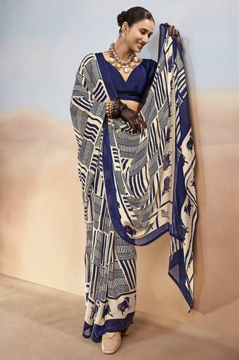 Nevy blue yellow contemporary printed satin silk saree with blouse piece