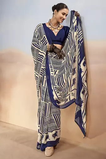 Nevy blue yellow contemporary printed satin silk saree with blouse piece