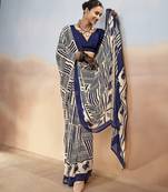 Nevy blue yellow contemporary printed satin silk saree with blouse piece