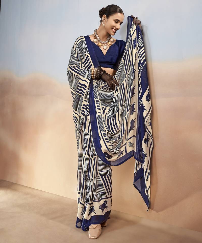 Nevy blue yellow contemporary printed satin silk saree with blouse piece