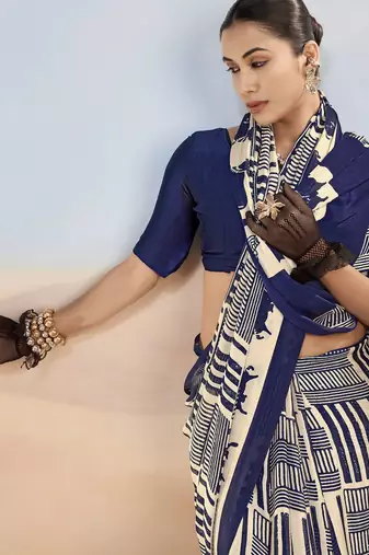 Nevy blue yellow contemporary printed satin silk saree with blouse piece