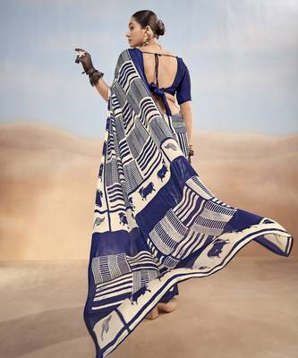 Nevy blue yellow contemporary printed satin silk saree with blouse piece 3
