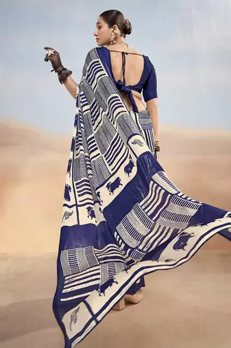 Nevy blue yellow contemporary printed satin silk saree with blouse piece