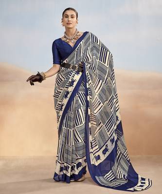 Nevy blue yellow contemporary printed satin silk saree with blouse piece 4