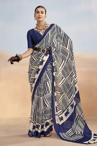 Nevy blue yellow contemporary printed satin silk saree with blouse piece