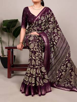 Slub silk saree with  floral print & silver zari 1