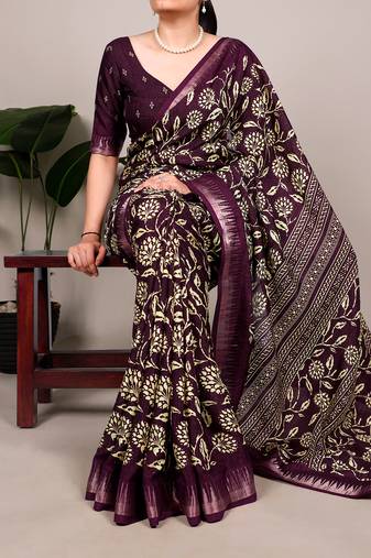 Slub silk saree with  floral print & silver zari