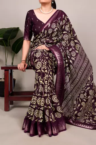 Slub silk saree with  floral print & silver zari