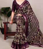 Slub silk saree with  floral print & silver zari