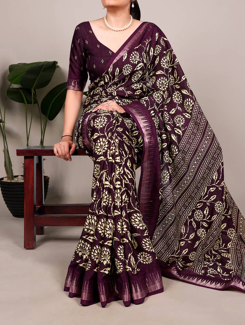Slub silk saree with  floral print & silver zari