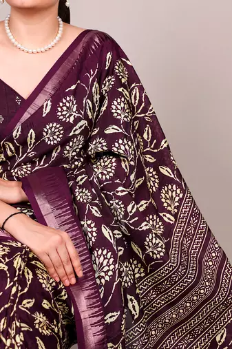 Slub silk saree with  floral print & silver zari