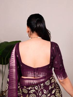 Slub silk saree with  floral print & silver zari 3