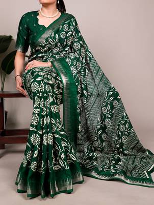 Slub silk saree with  floral print & silver zari 1