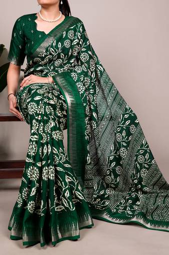 Slub silk saree with  floral print & silver zari