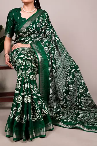 Slub silk saree with  floral print & silver zari