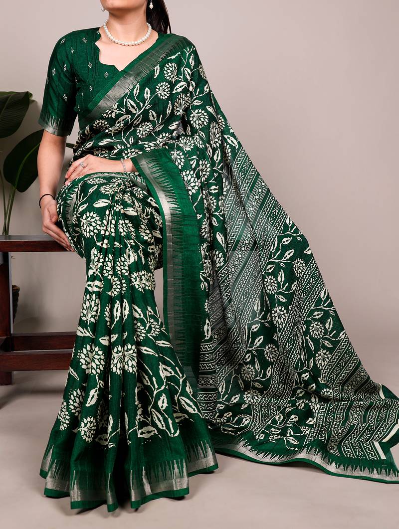 Slub silk saree with  floral print & silver zari