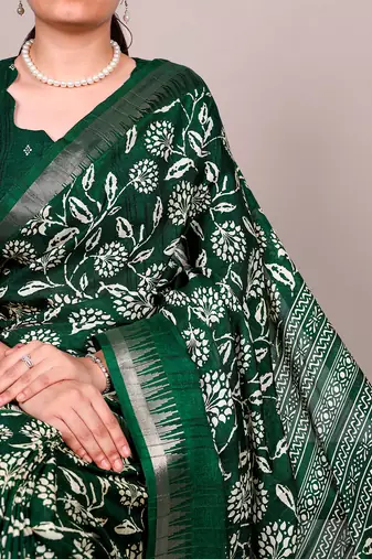Slub silk saree with  floral print & silver zari