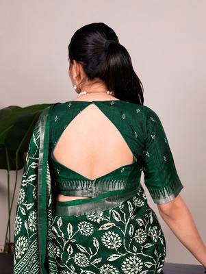 Slub silk saree with  floral print & silver zari 3