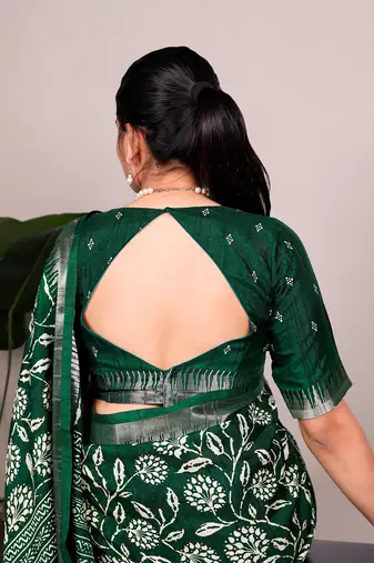 Slub silk saree with  floral print & silver zari