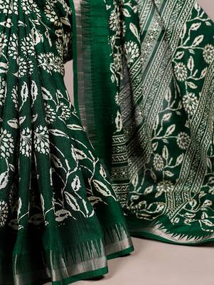 Slub silk saree with  floral print & silver zari 4