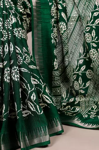 Slub silk saree with  floral print & silver zari