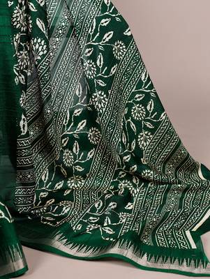 Slub silk saree with  floral print & silver zari 5