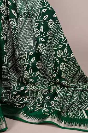 Slub silk saree with  floral print & silver zari