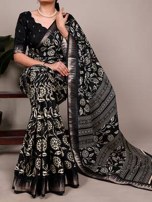 Slub silk saree with  floral print & silver zari 1
