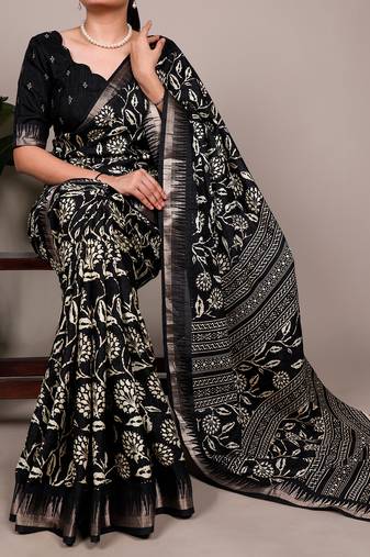 Slub silk saree with  floral print & silver zari