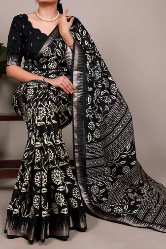 Slub silk saree with  floral print & silver zari
