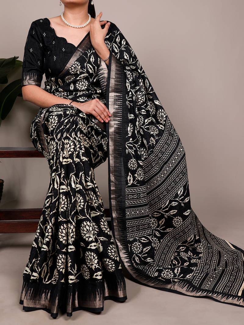 Slub silk saree with  floral print & silver zari