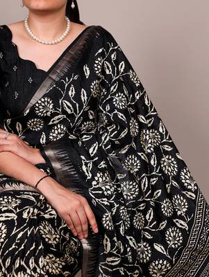 Slub silk saree with  floral print & silver zari 2