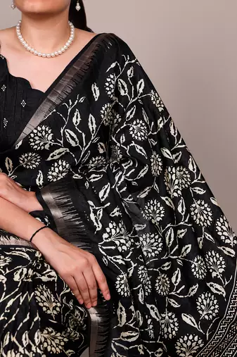 Slub silk saree with  floral print & silver zari