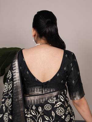 Slub silk saree with  floral print & silver zari 3