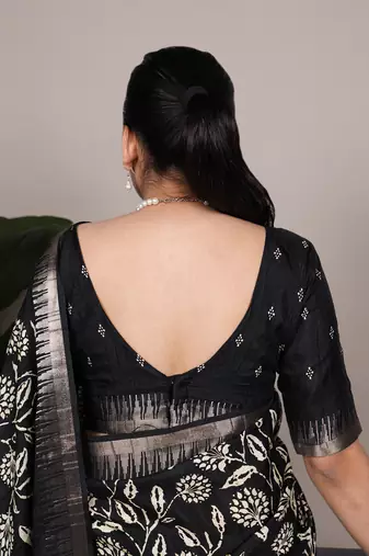 Slub silk saree with  floral print & silver zari