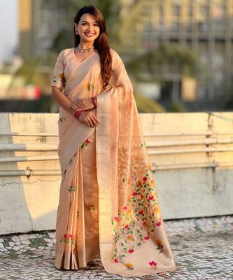 Peach with multicolor accents  woven zari floral motifs work paithani style saree  with blouse piece 1