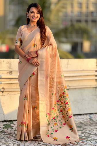 Peach with multicolor accents  woven zari floral motifs work paithani style saree  with blouse piece
