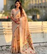 Peach with multicolor accents  woven zari floral motifs work paithani style saree  with blouse piece